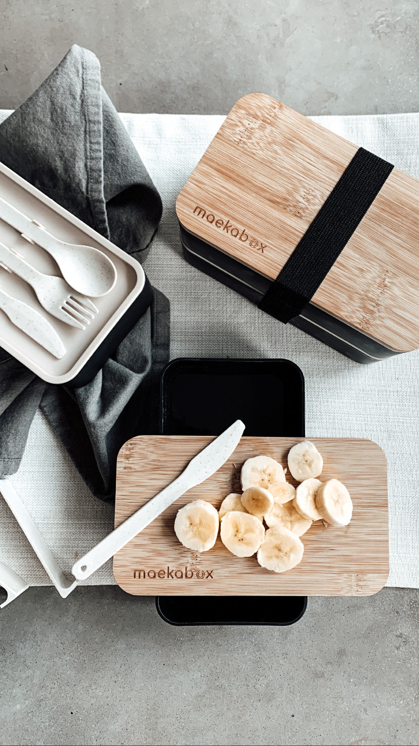 This double layered, BPA free, marked and measured bento box takes the guess work out of estimating portions. The multipurpose bamboo lid can be used as a cutting board for soft foods or as a tray. 